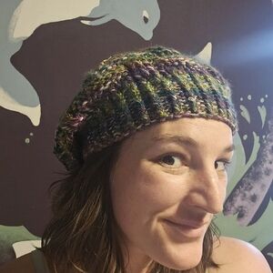 Multicolor Knit Slouchy Beanie - Women's Green & Purple Accent Hat